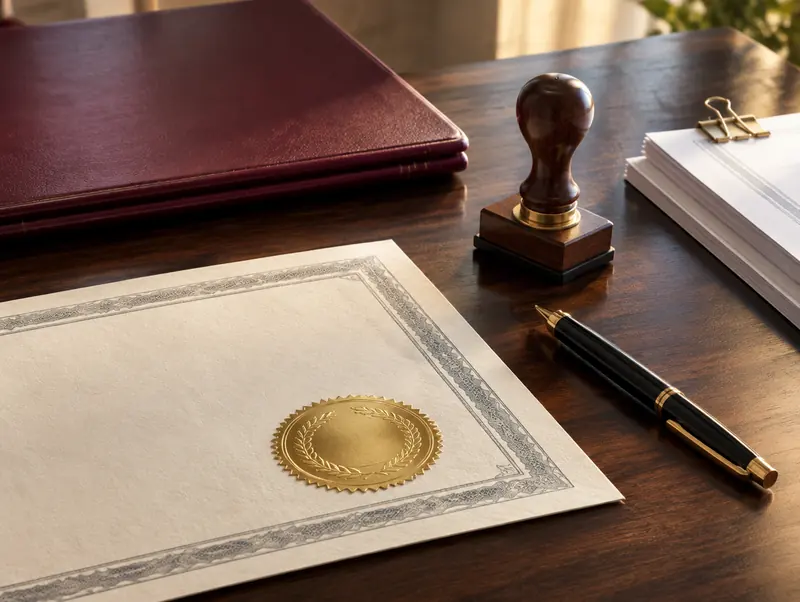 Company incorporation certificate with an embossed seal, a stamp and a pen
