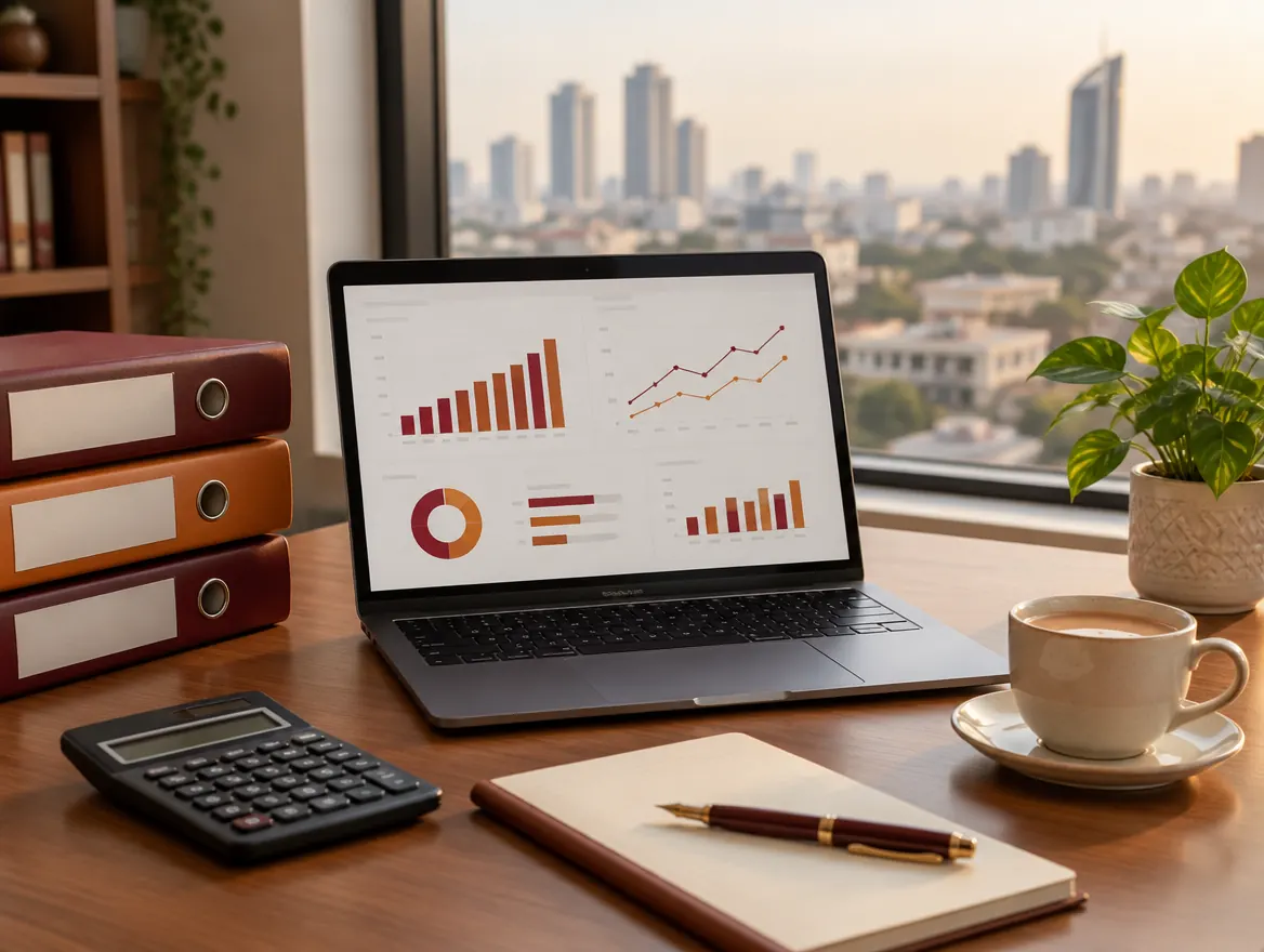 An accountant's desk with a laptop showing financial charts, office files and a calculator